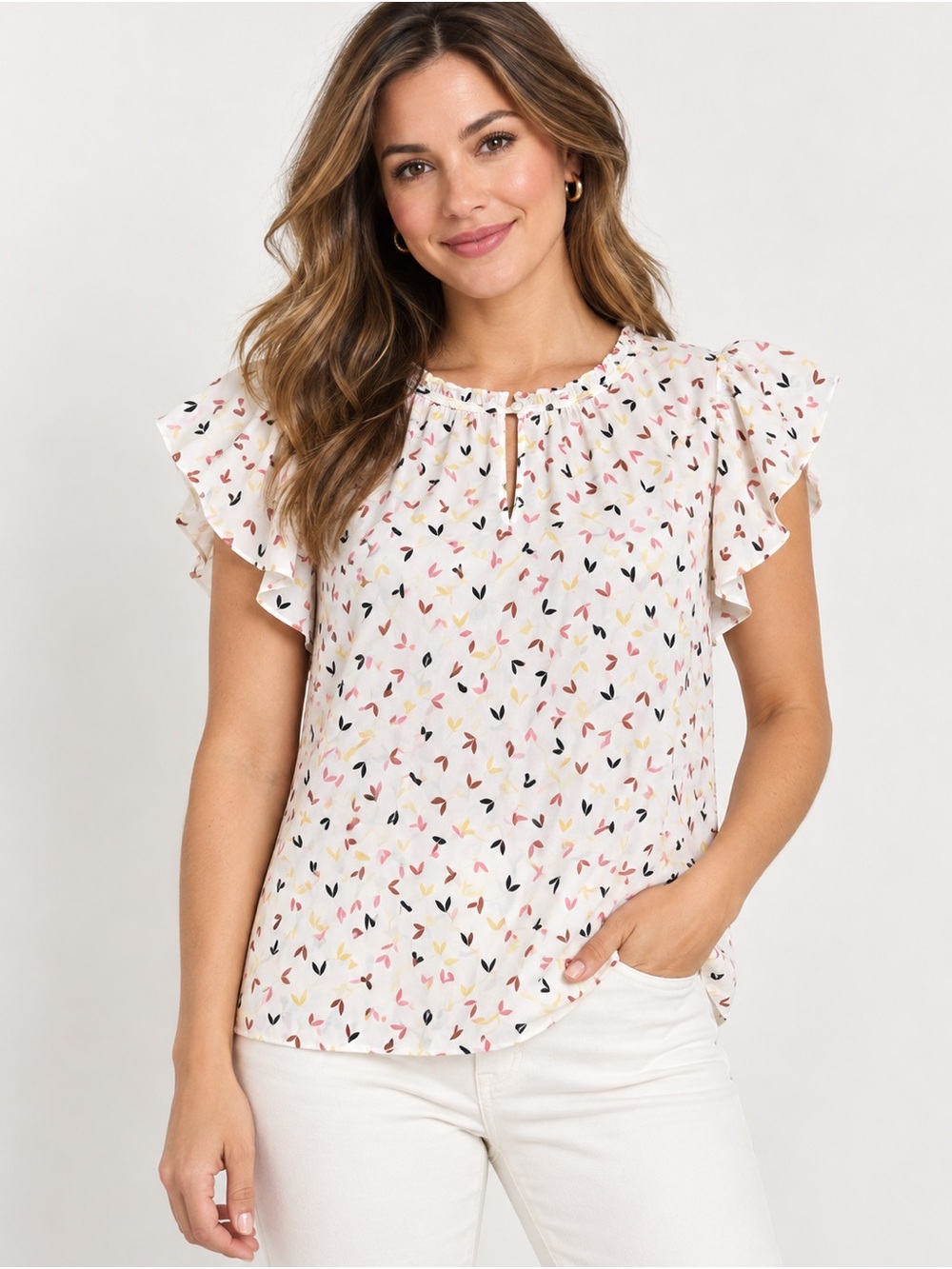 Liz Claiborne XL Floral Leaf Print Flutter Sleeve Blouse